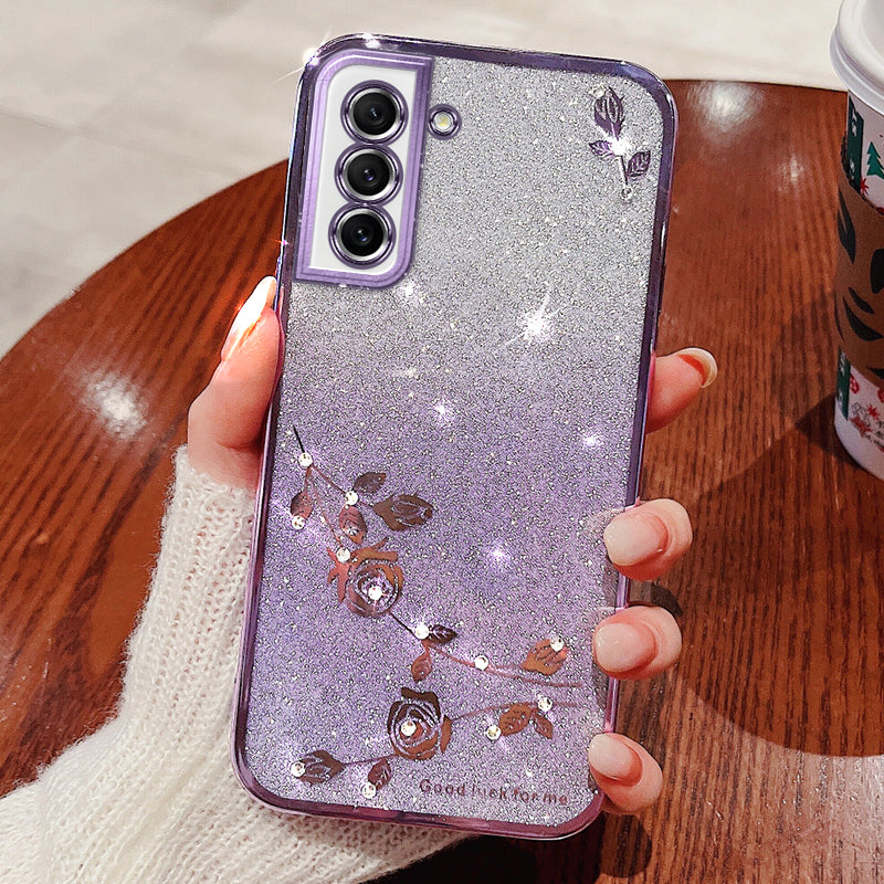 Dustproof Phone Back Cover for Samsung Galaxy S21 FE 5G Flower Pattern Decor Rhinestone Glitter Powder Flexible TPU Cell Phone Case Dustproof Phone Back Cover for Samsung Galaxy S21 FE 5G Flower Pattern Decor Rhinestone Glitter Powder Flexible TPU Cell Phone Case